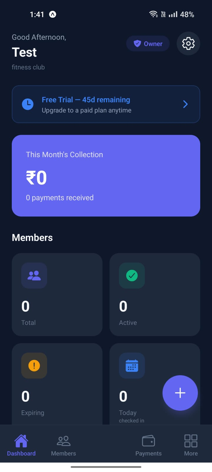 Strivv Fit dashboard screen showing collection and member summary